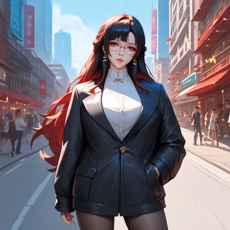 a girl standing outside, wearing glasses, in a black jacket, ((long hair)), a picture inspired by Zou Zhe, tumblr, realism, xintong chen, around 1 , qichao wang, huifeng huang, zhelong xu, xiaofan zhang, pengzhen zhang, zmonzheng, yihao ren, zezhou chen.