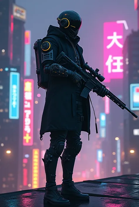 1 male, anime, 4k, high detail, cyberpunk corporate mercenary, futuristic helmet, black tactical clothing, cybernetic arms and legs, standing on a rooftop amidst a glowing neon city, holding a high tech sniper rifle, facing towards me.