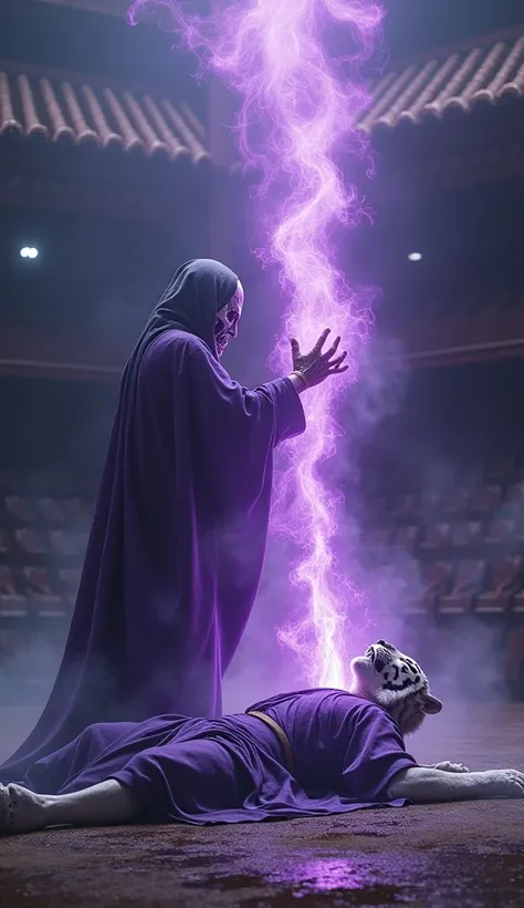 cinematic photo of the process of the Grim Reapers death removing the soul of the white tiger warriors purple robe figure from his  in the pencak silat arena, his spirit in the form of a purple light floating out