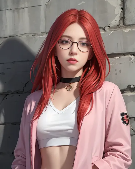 (masterpiece, best quality, 1girl, solo, intricate details, chromatic aberration), realistic, ((medium breath)),long hair, red hair, red head ornament, pink highlights, hair over one eye,rea eyes, glasses earrings, sharp eyes, choker, neon shirt, open jack...