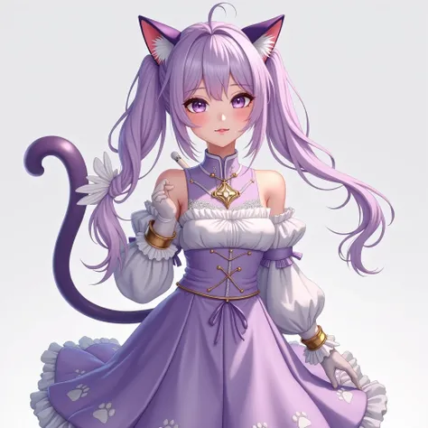 A hyper-realistic portrait of a young woman inspired by Keqing from Genshin Impact, styled in a sophisticated yet playful kitty cosplay. Her skin is smooth and glowing, with a natural, radiant complexion. Her long, lavender hair falls in soft waves, styled...