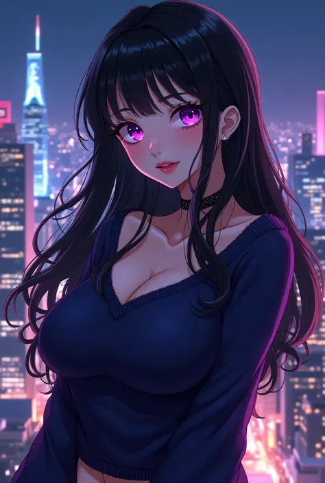 
score_9, score_8_up, score_7_up, 1girl, solo, upper body,looking at viewer, night city background, voluminous long black hair, makeup , parted lips, lipstick, eyeliner, bimbo, gyaru woman, gigantic breasts, sweater, purple eyes, anime.