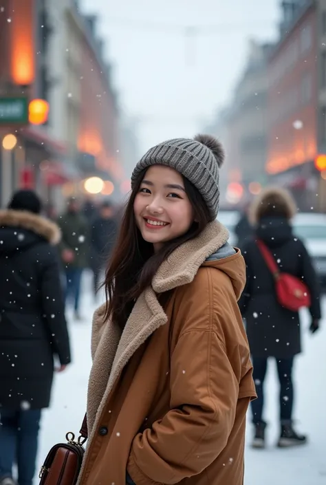  Pretty Korean girl wearing a Sanel crossbody bag in a snowy landscape, Mary Chris Mas, crazy girl wearing a Sanel crossbody bag, snowy landscape, city cars, buildings, Mary Chris Mas 
Happy new year, Hamburg, Germany takes pictures with many German people