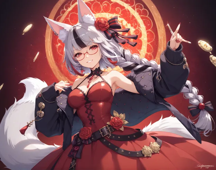 ncaoo33, kiana , 1 Girl, Alone, fox ears , she wears elegant glasses ,  red eyes , silver hair , Animal ear hair, Striped Hair, fox Girl, バング bangs,  braid twin , Punk StyleMaid Dress, Punk Style, inspired armoris dressed in a flowing red dress that contra...