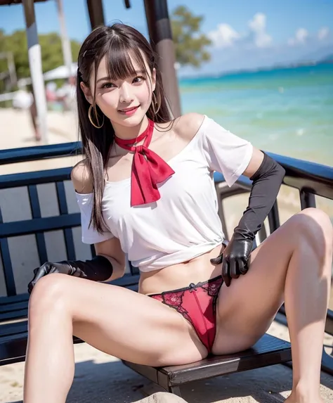   masterpiece ,   top quality,    high definition  ,  with golden hair、   blond hair on Pattaya Beach、  side tail, 完全な with golden hair, gem, brooch,  black choker 、   white ascot, frills, Short sleeve, Pink gloves,    black miniskirt ,   erect nipples , (...