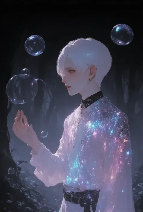 1boy , white hair,bokeh, close mouth, modern theme,,,,,,A mesmerizing scene of a boy surrounded by magical, glowing bubbles floating gracefully in the air. he  wears a whimsical, flowing uniform in pastel shades, adorned with subtle sparkling details that ...