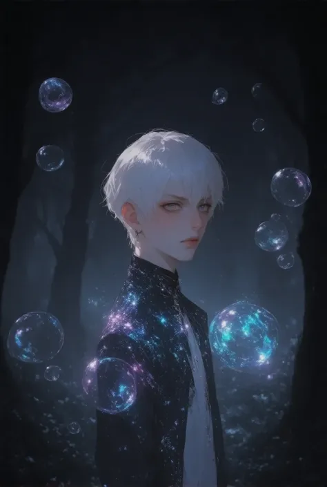 1boy , white hair,bokeh, close mouth, modern theme,,,,,,A mesmerizing scene of a boy surrounded by magical, glowing bubbles floating gracefully in the air. he  wears a whimsical, flowing uniform in pastel shades, adorned with subtle sparkling details that ...