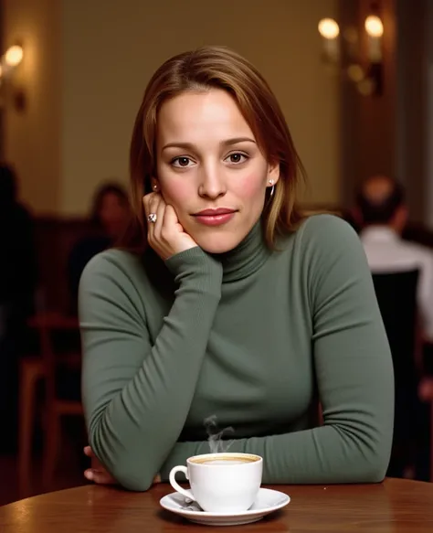 realistic photo of, wearing a turtle neck sweater, smiling, sitting in a cafe drinking an espresso. looking at the viewer 