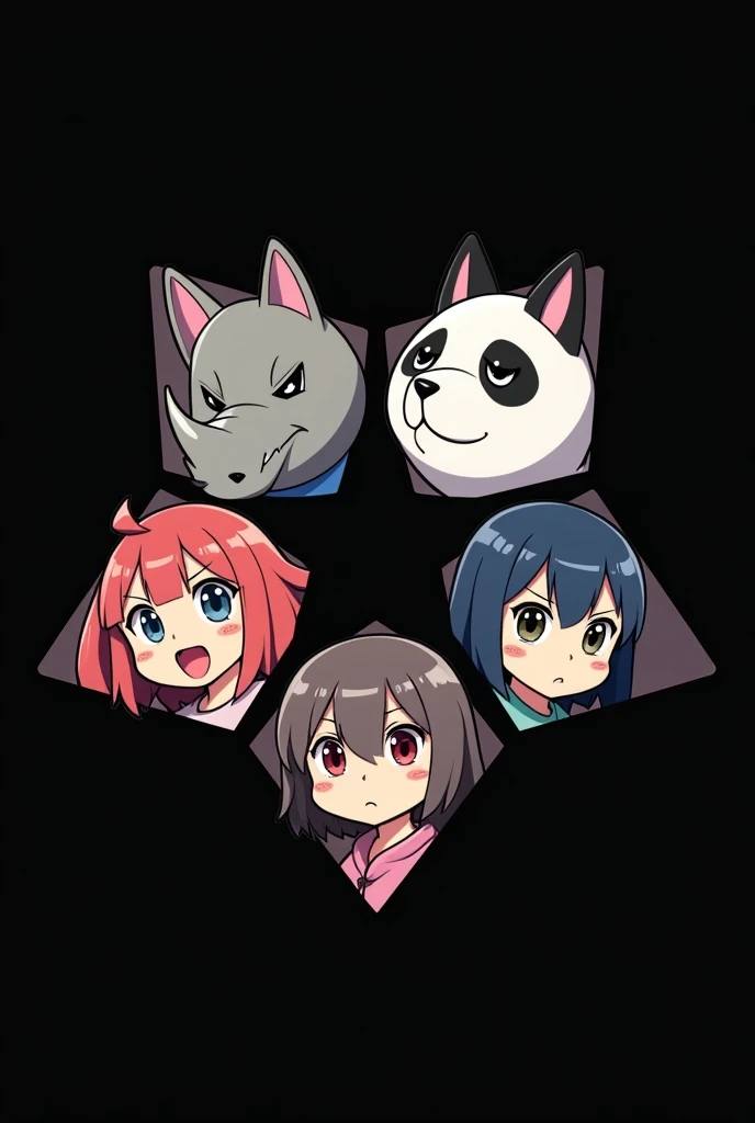 Logo Pentagon, 6 Animal in one frame, (rhinoceros boy, cat girl, wolf girl, dolphin boy, dog boy, panda girl.) serious expression, Cartoon character design, Animated street art, Graphic design illustration, Modern art styles. No teks. only 6 animal! Anime ...