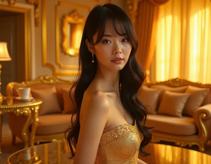 Full length portrait of a beautiful Asian woman wearing a shiny gold strapless dress, with long black hair and a side parted bangs, looking at the camera, in a golden room decorated with gold, with gold furniture, a gold table, a gold sofa, and a room with...