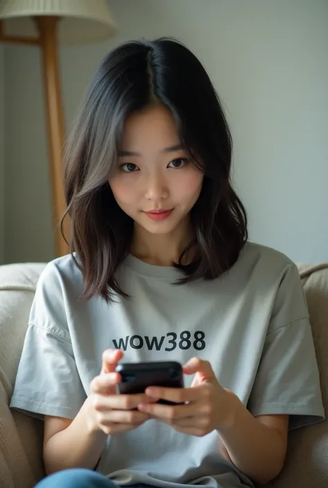 wanita jepang sedang bermain game di hanphone dan di bajunya ada tulisan wow388
