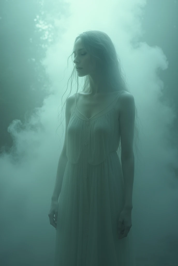 ghostly female figure emerging from the mist, her form partially translucent and glowing faintly.
