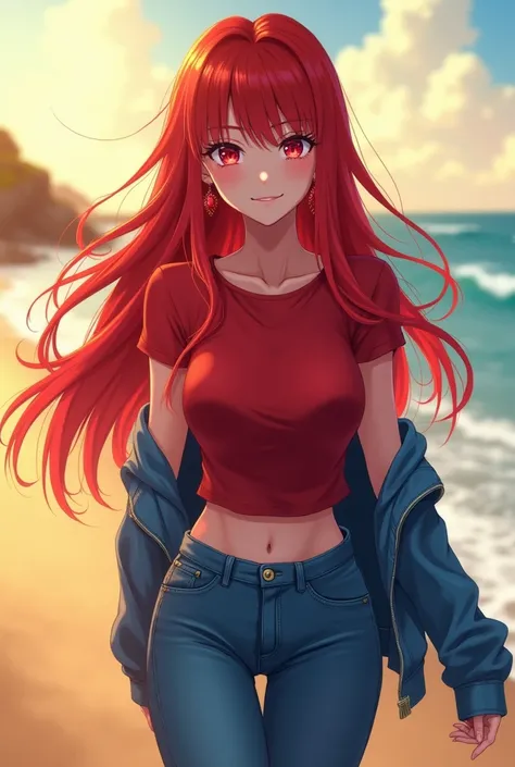 Anime girl smiling very beautiful, long hair, red hair, red eyes, big breasts, sexy shape, wearing red diamond earrings, wearing red short sleeve t-shirt, wearing blue denim jacket, wearing blue long jeans Walking at the beach, someone in the afternoon.