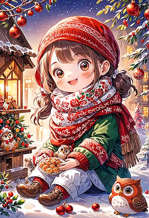    (( 1 girl)),    small character with a red bandana around the neck  、 This is an animated illustration of a beautiful owl Christmas winter scene and Christmas food ,    Its a detailed and vivid watercolor painting    . The girl is laughing  ..  A cute b...