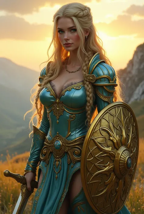 Create Baldurs Gate  &  magic the gathering style a beautiful woman with long straight golden hair with braids with shimmering green eyes with round ass with big boobs with thick thighs wearing light blue metallic armor with gold runes with a gold shield w...