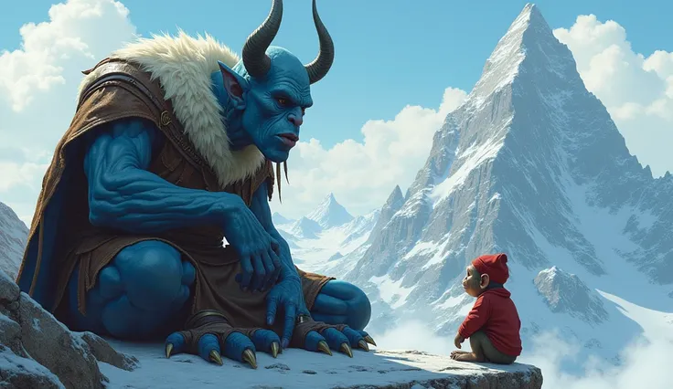 Blue skinned giant( horns,fur-lined cloak,leather armor,and sharp claws)sat down sadly and pointing finger to 
A monkey ( wearing plain red sweater and red hat) at top of the mountains 