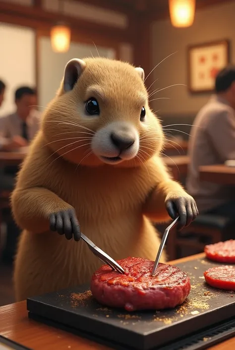  Marmot eating a teppanyaki hamburger steak with a knife and fork in the background　Restaurant 