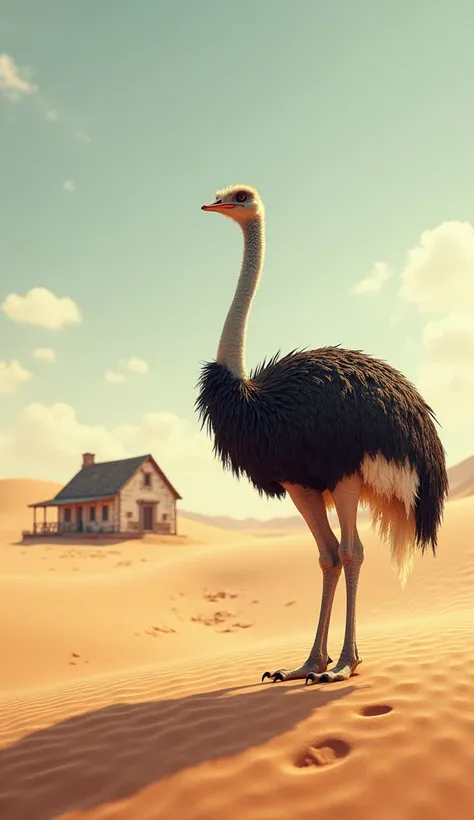 Ostrich with house. Background aria is desert 