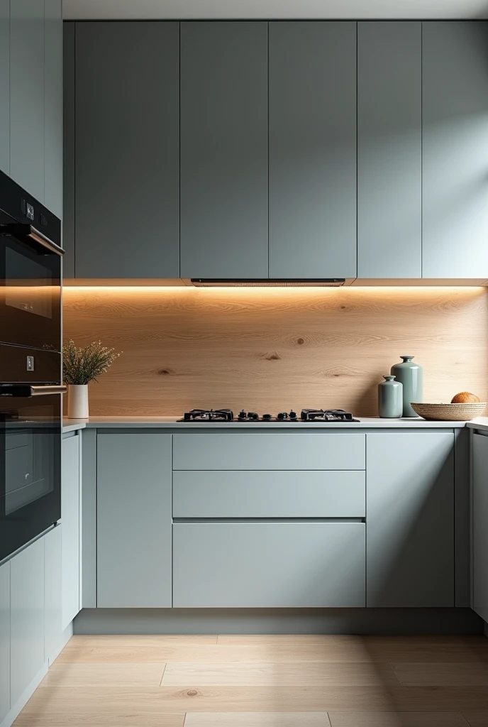 Grey kitchen with wood back and grey blue colour on the walll