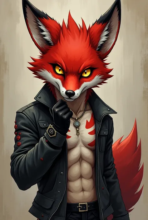  An anthropomorphic red fox Jover ,  thin and aesthetically beautiful ,  his snout is long and his two upper fangs stick out ,  His eyes are yellow and bright , has hair like Madara  (from the naruto series),  wears torn and provocative punk clothing .  Yo...