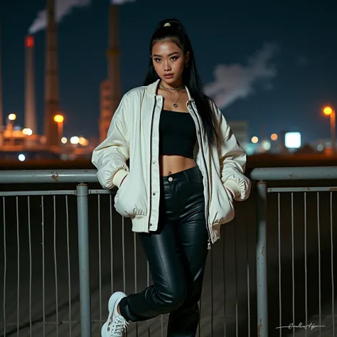 A modern high-fashion editorial set in an industrial area at night, featuring an Asian woman with long black hair tied into a high ponytail, her forehead exposed. She wears an oversized white bomber jacket with reflective details, layered over a black crop...