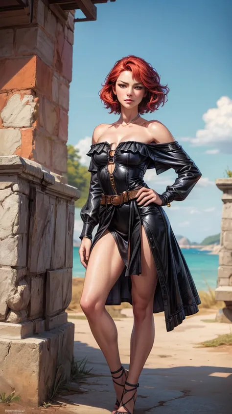 fullbody view with legs out of focus, (best quality,4k,8k,highres,masterpiece:1.2),ultra-detailed painting of a woman with red hair and a Drawstring Front Off-Shoulder Ruffle Hem Tube Top, triple buckle belt, scimitar in a belt, a character portrait with h...