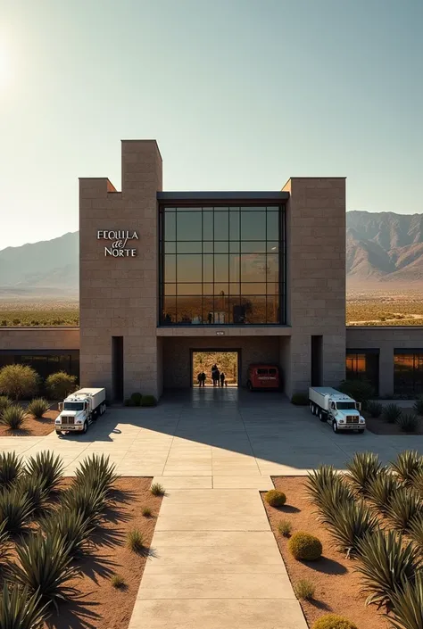  Image of a large modern tequila factory ,  located in a wide and arid landscape , with mountains in the background. The factory ,  of robust and contemporary architecture ,  is built in shades of steel and brick ,  with large windows and metallic details ...