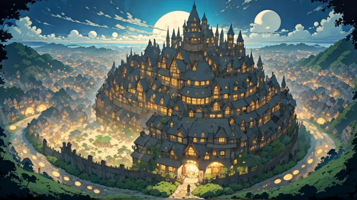 (masterpiece, ultra-detailed, top quality), (cartoon-like illustrations reminiscent of Hayao Miyazaki, Japanese 2D animation, shadows:1.3), distant night view from above, (huge moons:1.6), (huge medieval European castle town:1.3).