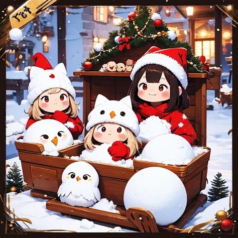   masterpiece  、Christmas winter scenery  、Christmas food ，Two girls personify baby owls  、  body 、Chibi、      catches an owls ears and tail  、snowball fight  ,   happy expression