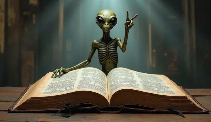 a large open Bible in front and behind an Alien pointing forward on a mysterious background