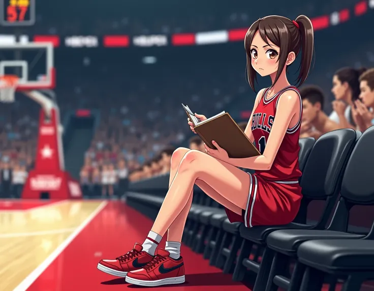 Basketball stadium background, off-court assistant, off-court bench seat, sitting in sneakers, red Bulls uniform, holding folder in left hand, holding pen in right hand, observing the court, slightly sweaty smile, full body, long legs, good figure, ultra-c...