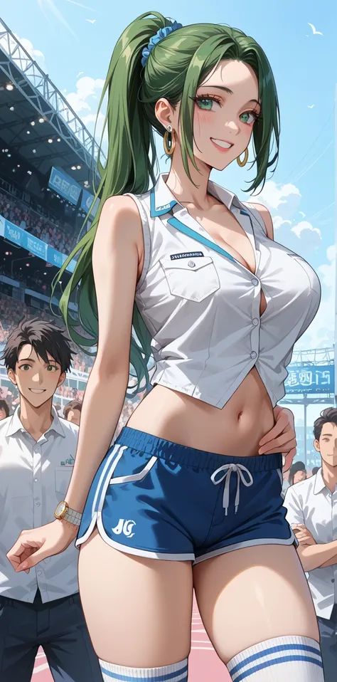  girl,  fit girl , KJ OMalin ,  Green hair,   long hair，Ponytail, Green Eyes,   Womens Earrings Alone,  earrings piercing ,   shoulder-length hair  ,  Fraction_9,  Fraction_8_up,  Fraction_7_up,  source_ Japanese cartoons,   masterpiece ,  are of the best ...