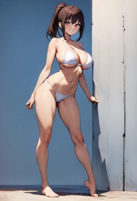 (  Masterpiece ,   top quality:1.2), One anime girl , Alone,   Expressive Eyes ,  sexy, (((Dark-haired ponytail ))). ((( straight hair))), (smile), (((Reddish brown eyes))), ((( perfect face girl ))), ((( white bikini))), ((( the whole body in super detail...