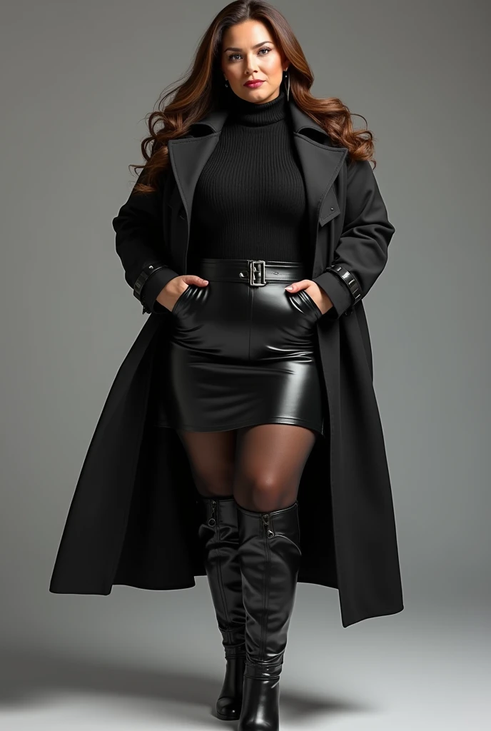 Tall plusize mature 65 year old housewife, large breasts, long brown hair, wearing black leather skirt, black tights, black leather knee high boots, black woolly jumper black leather trench coat