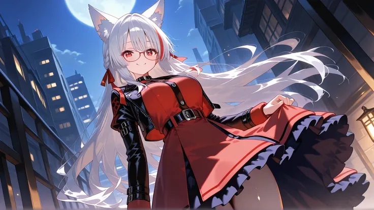 ncaoo33, kiana , 1 Girl, Alone, fox ears , she wears elegant glasses ,  red eyes , silver hair , Animal ear hair, Striped Hair, fox Girl, バング bangs,  braid twin , Punk StyleMaid Dress, Punk Style, inspired armoris dressed in a flowing red dress that contra...