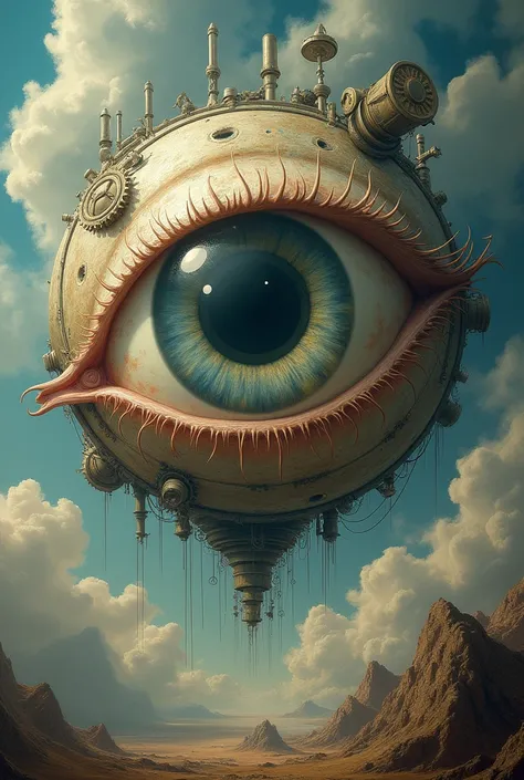 there is a picture of an eye that is flying in the sky, a surrealist painting inspired by Vladimir Kush, cgsociety, surrealism, epic mysterious surrealism, gods eye view, fantasy surrealism, surreal and fantasy art, surreal + highly detailed, steampunk eye...