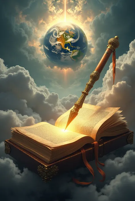 A big book open with a writing Golden pen and an heavenly globe cloud covering it