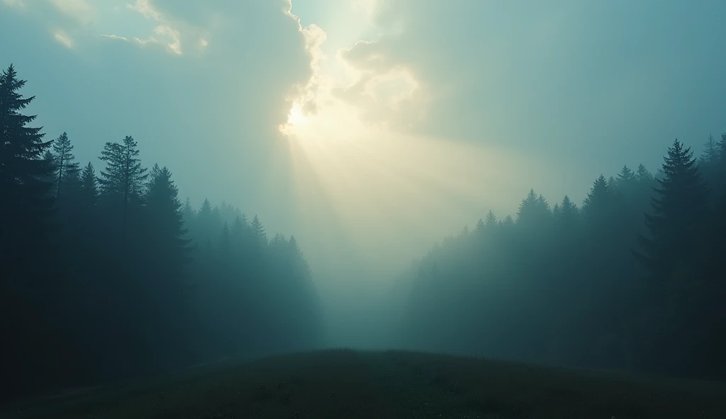 High Resolution, Masterpiece, Accurate, Award Winning, Best Quality, Detail, High Details, HD, High Quality, Super Detailed, Quality, UHD, Beautiful distant misty forest with grey-blue cloudy sky, Cinematic Lighting, Glowing Light, God Rays