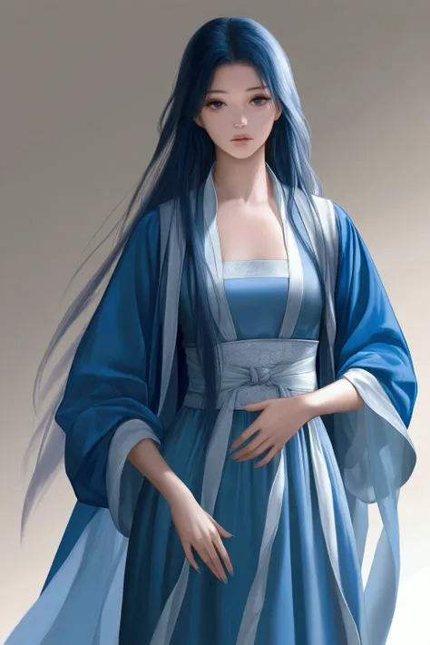 blue hair ,blue hanfu, small breasts, long hair, expressionless, masterpiece, best quality, realistic, 8k, official art, cinematic light, ultra high res, perfect female body, sharp focus, guofeng, 1girl, solo, chinese clothes, realistic, nail polish, stand...