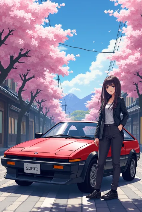 "Create an anime-style illustration featuring a Toyota AE86 Sprinter Trueno parked on a scenic street in Japan. Next to the car, depict a 20 to 25-year-old woman with a stylish outfit, showcasing a confident and cheerful expression. The background should i...