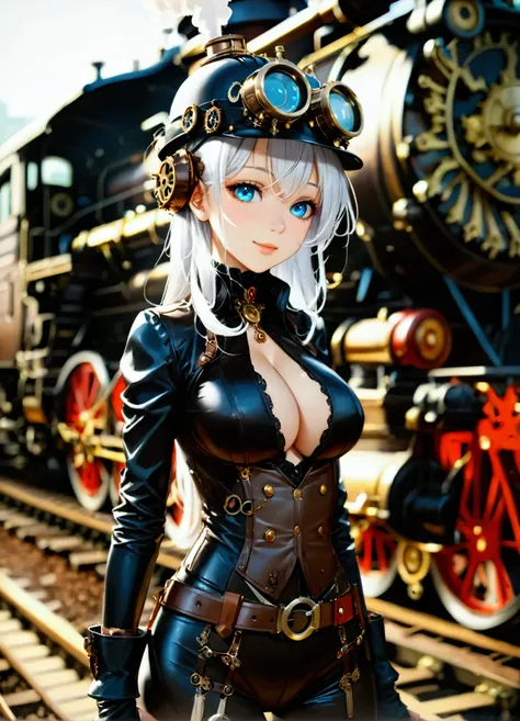 ((  masterpiece  ,  top quality,  Max Image,  high definition )), ((Highly detailed CG composite 8K wallpaper)), ((full body shot)), (Steampunk style:1.3)、  young beautiful girl , doing maintenance work、 ((large breasts:1.2), (huge breasts:1.2), (Uplifted ...