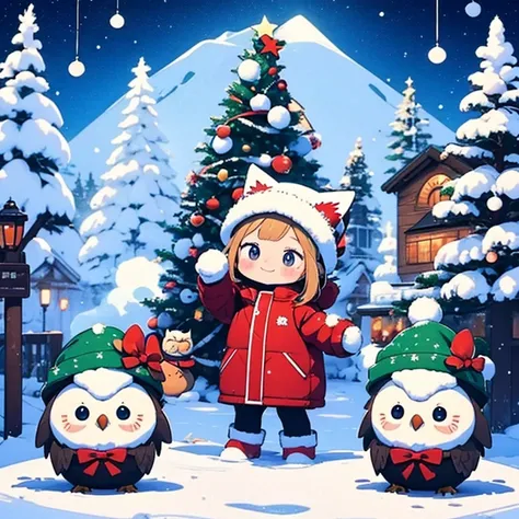   masterpiece  、Christmas winter scenery  、Christmas food ，Two girls personify baby owls  、  body 、Chibi、      catches an owls ears and tail  、snowball fight  ,   happy expression