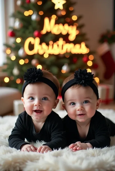 "A chubby-cheeked three twin baby with big sparkling eyes, wearing a black soft pastel onesie and natural black flowers headbands, three twin baby are lying on a fluffy blanket, surrounded by gentle warm lighting. Behind them stands a beautifully decorated...