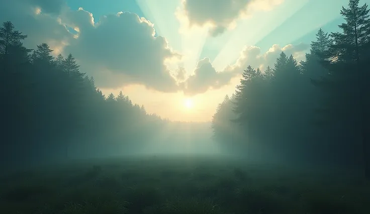 High Resolution, Masterpiece, Accurate, Award Winning, Best Quality, Detail, High Details, HD, High Quality, Super Detailed, Quality, UHD, Beautiful misty forest with cloudy sky visible from afar, Cinematic Lighting, Glowing Light, God Rays, Ultra-Wide Ang...