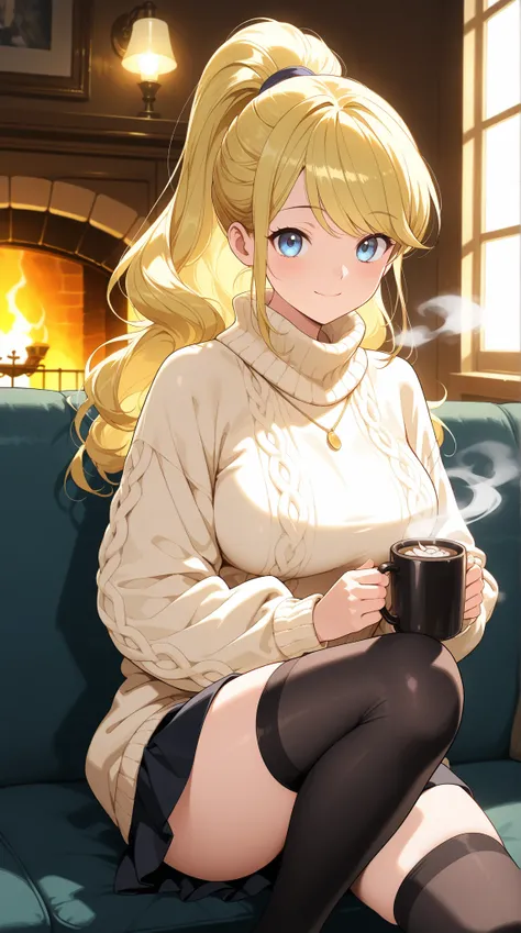 intricate, master peace, best quality, very aesthetic, best illustration,a beautiful anime girl a art style, solo, ((ponytail hair):1.5), gold hair, light blue eyes, swept bangs, large breasts, ((glamorous body)), wearing an oversized, soft knit sweater wi...