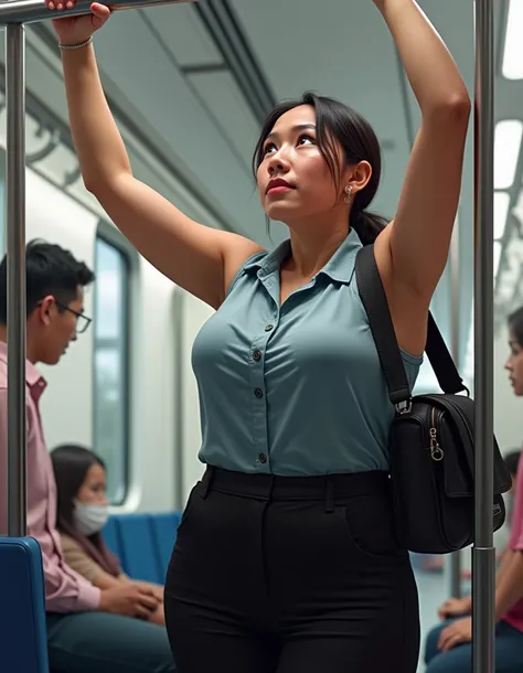 A realistic white skin indonesian woman with slightly plump body and toned arms, wearing a white striped sleeveless buttoned shirt with a collar and  high-waist brown trousers. Her shirt is tucked in her trousers. She is commuting in a train, raising her r...