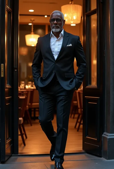 A black man in a nice black suit and glasses walking out of a restaurant 