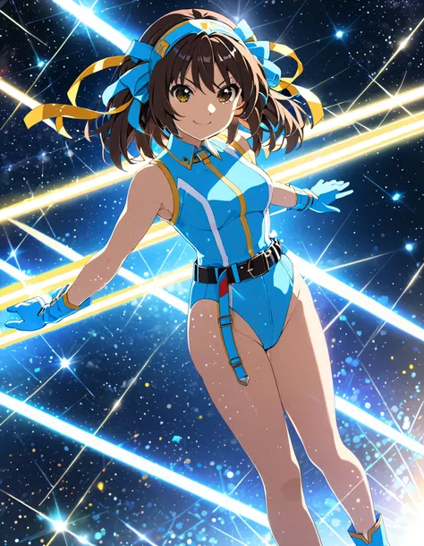 Masterpiece, best quality, high res, 8k, solo, solo focus, 1girl, suzumiya haruhi as a superhero, (blue highleg leotard with white accents), (high waisted belt:1.4, tight belt:1.4), (bare legs:1.4), matching gloves, (matching boots, blue ankle boots:1.2), ...