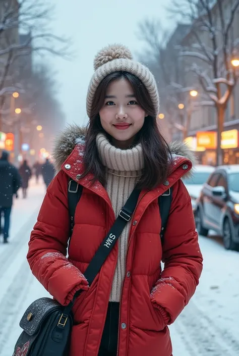 , a pretty Korean girl wearing a Sanel crossbody bag, in a snowy landscape, Mary Chris Mas, a crazy girl wearing a Sanel crossbody bag, snowy scenery, city cars, buildings, and Mary Chris Mas ,Happy New Year, The letters are written on it , Hamburg, German...