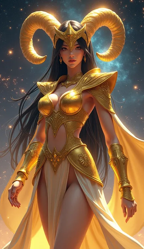 Prompt Teks:
"A hyper-realistic depiction of a female Aries zodiac warrior inspired by Saint Seiya, showcasing her entire body in a dynamic pose. She has a stunning Japanese face with flawless skin, almond-shaped eyes, and long, sleek black hair cascading ...